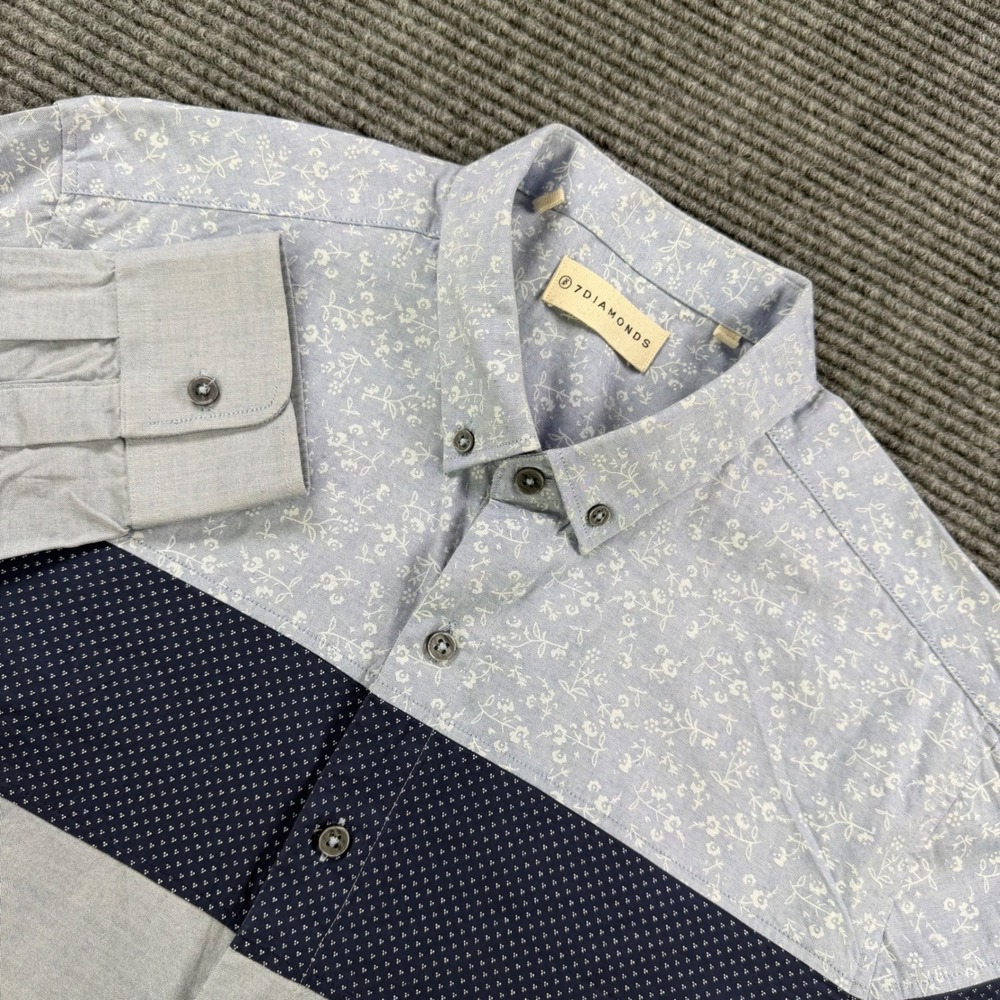 7 Diamonds Originals Mens Medium Blue Floral Print Colorblock Button Down Shirt